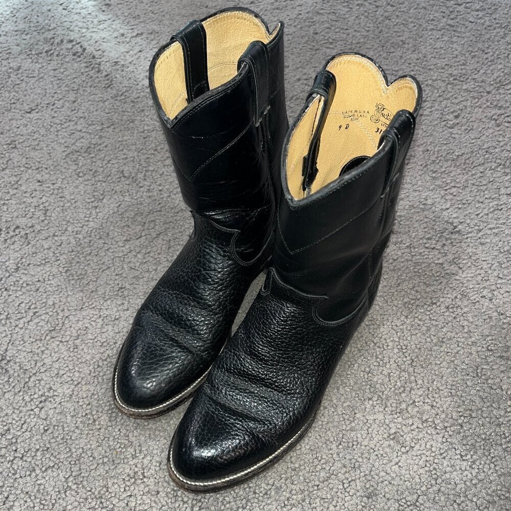 JUSTIN Style# 3187 Jackson 10" Roper Black Bullhide Cowboy Boots - Good -Men's 9